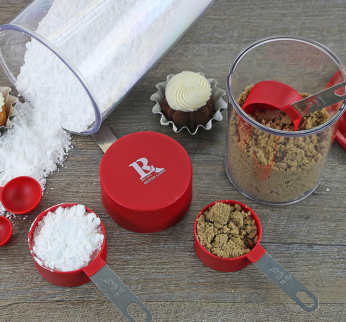 Reston Lloyd 8pc Measuring Cups & Spoons for Dry & Liquid Ingredients, Food Grade Plastic with Stainless Steel Handles,  Red