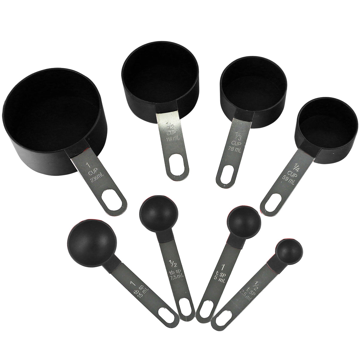 Reston Lloyd 8pc Measuring Cups & Spoons for Dry & Liquid Ingredients, Food Grade Plastic with Stainless Steel Handles, Black