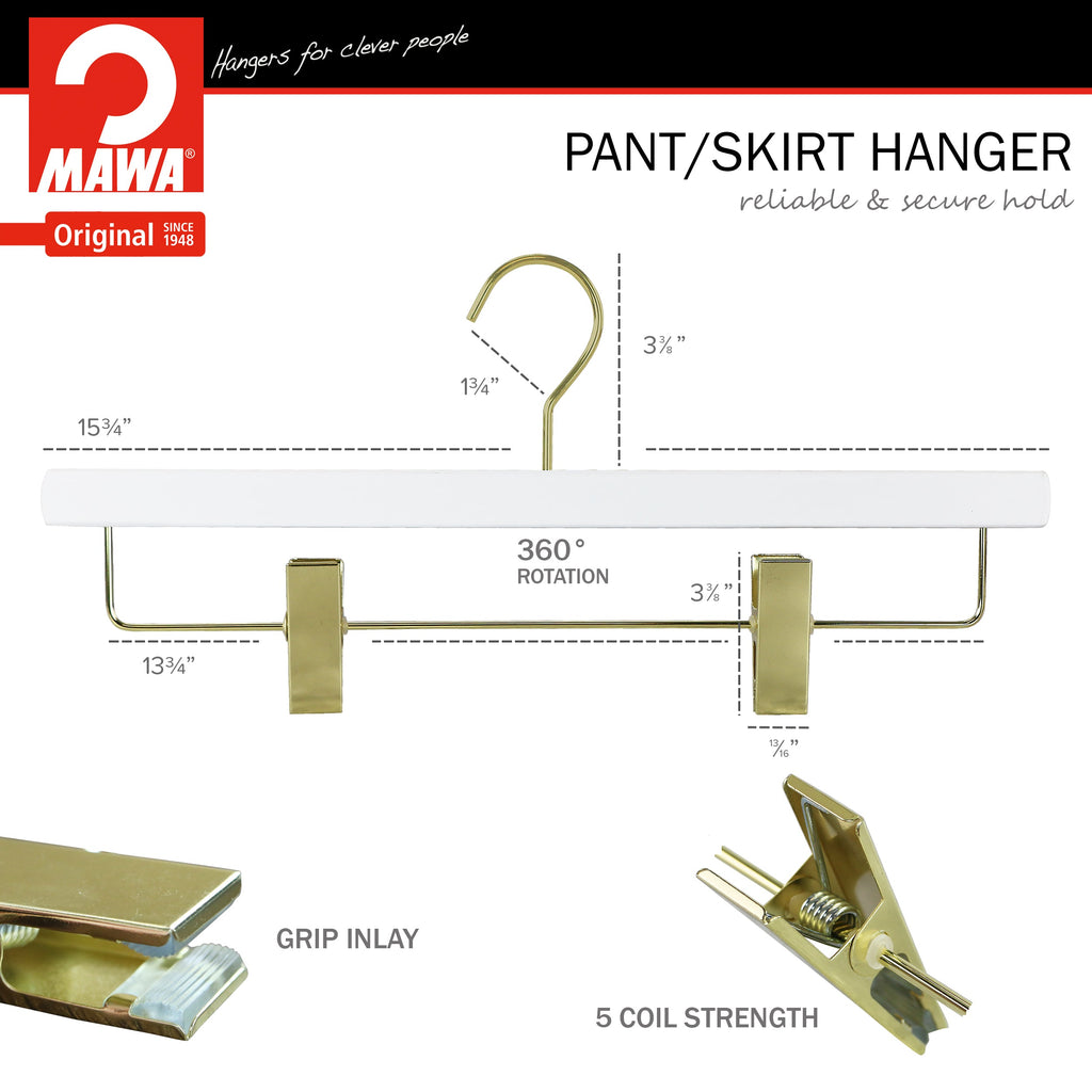 Metropolis Series, Pant & Skirt Hanger with Adjustable Clips, Trend 40D, White, Gold Hook