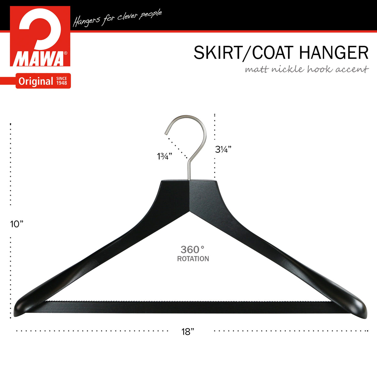 Metropolis Series, Bodyform Wide Shoulder Coat Hanger with Pant Bar, Profi 45/SV/HRS, Black, Silver Hook