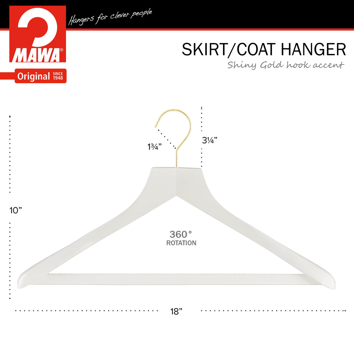 Metropolis Series, Bodyform Wide Shoulder Coat Hanger with Pant Bar, Profi 45/SV/HRS, White, Gold Hook