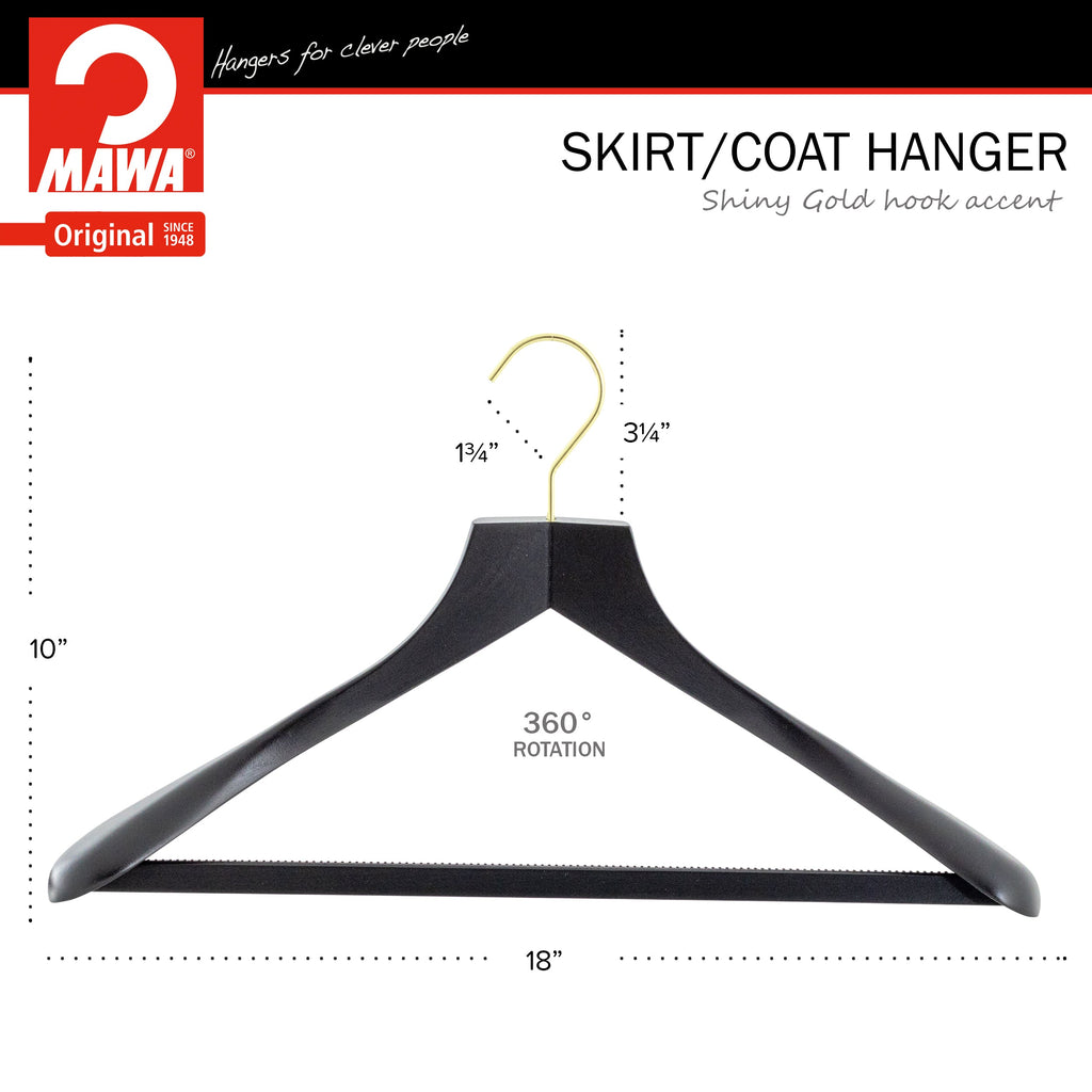 Metropolis Series, Bodyform Wide Shoulder Coat Hanger with Pant Bar, Profi 45/SV/HRS, Black, Gold Hook