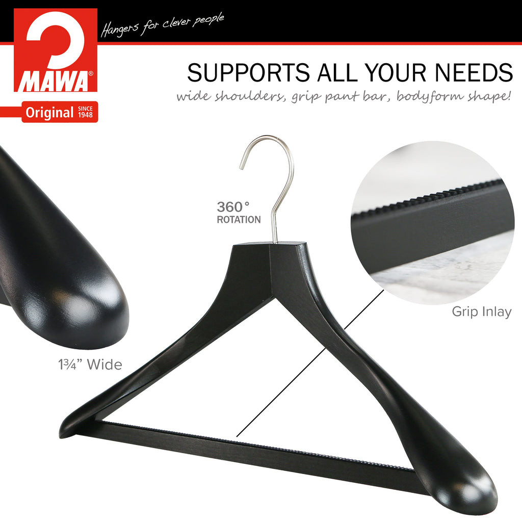 Metropolis Series, Bodyform Wide Shoulder Coat Hanger with Pant Bar, Profi 45/SV/HRS, Black, Silver Hook