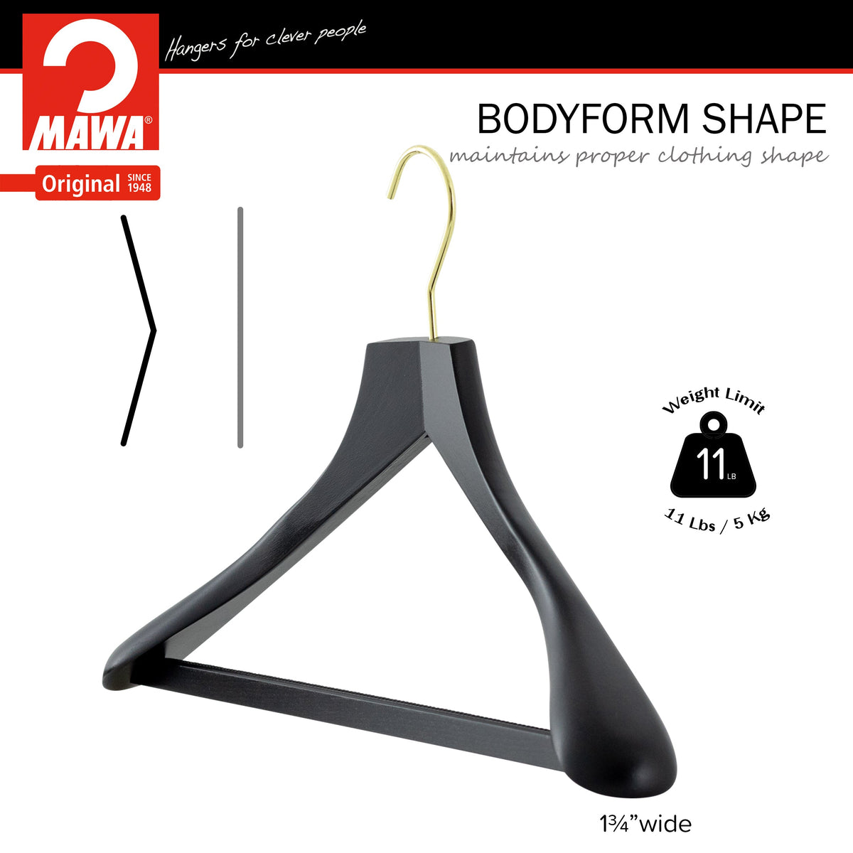 Metropolis Series, Bodyform Wide Shoulder Coat Hanger with Pant Bar, Profi 45/SV/HRS, Black, Gold Hook