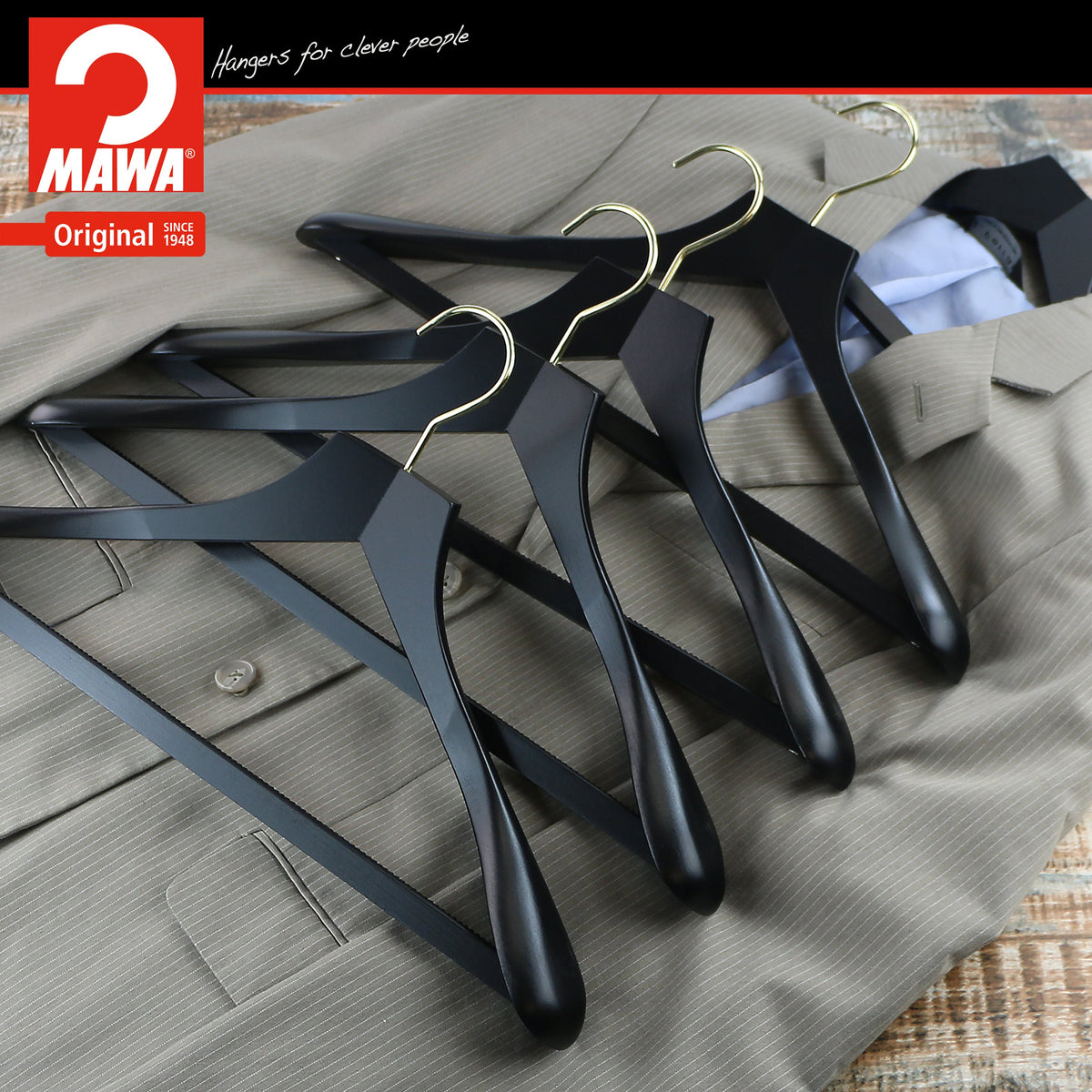 Metropolis Series, Bodyform Wide Shoulder Coat Hanger with Pant Bar, Profi 45/SV/HRS, Black, Gold Hook
