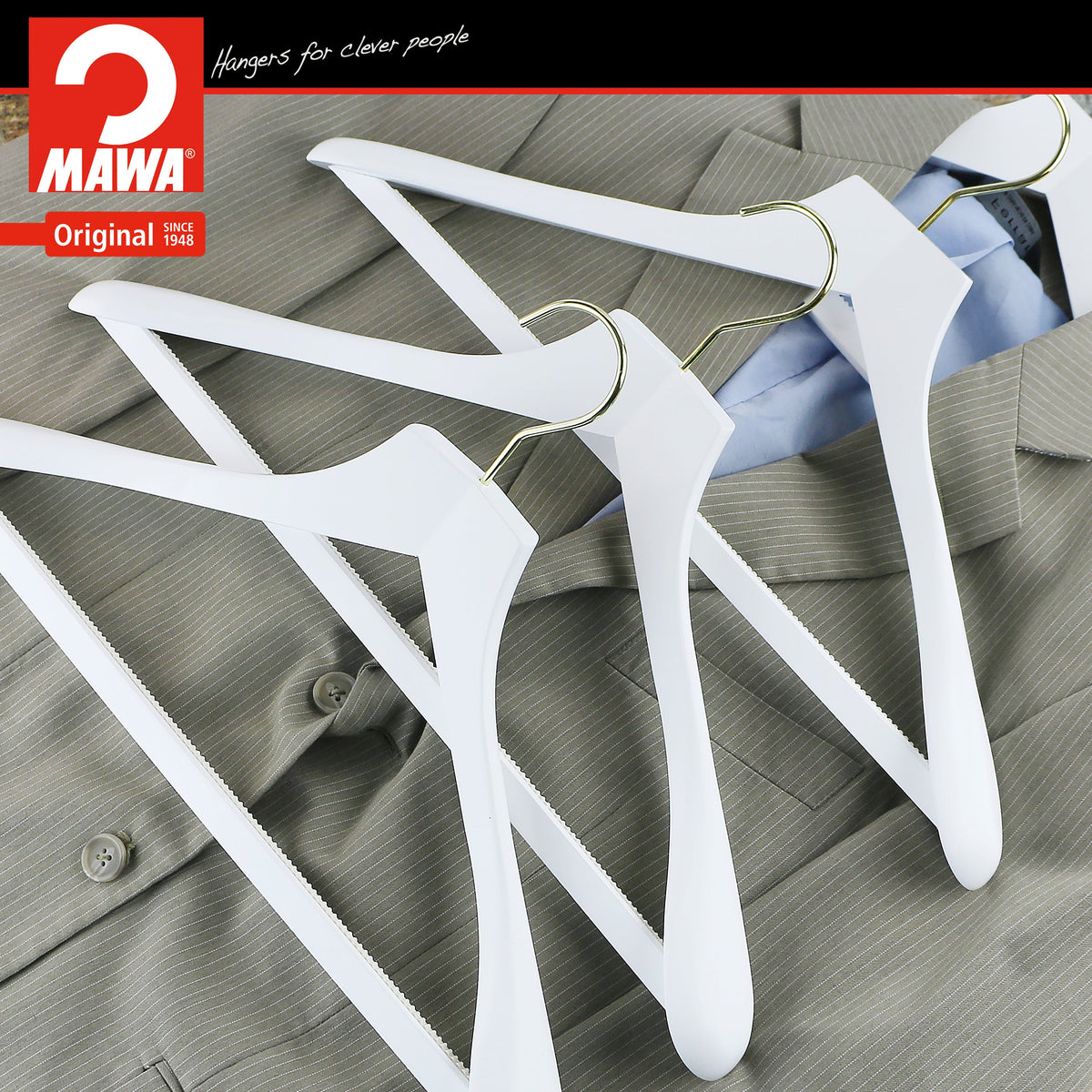 Metropolis Series, Bodyform Wide Shoulder Coat Hanger with Pant Bar, Profi 45/SV/HRS, White, Gold Hook