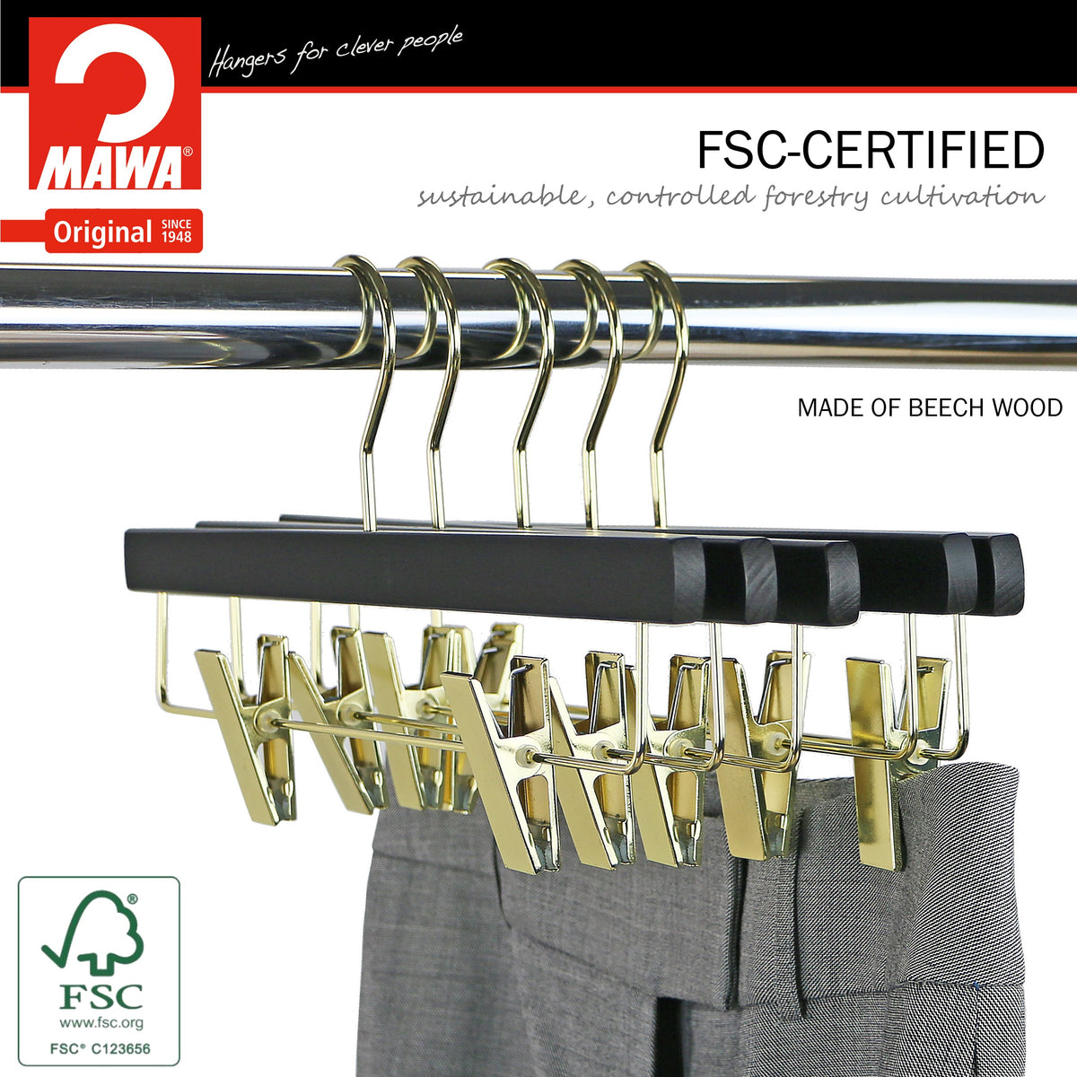 Metropolis Series, Pant & Skirt Hanger with Adjustable Clips, Trend 40D, Black, Gold Hook