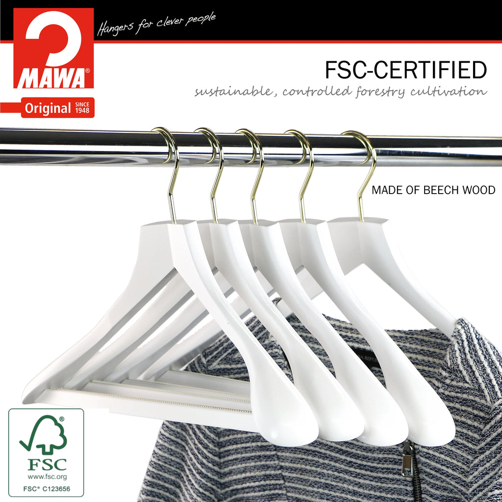 Metropolis Series, Bodyform Wide Shoulder Coat Hanger with Pant Bar, Profi 45/SV/HRS, White, Gold Hook