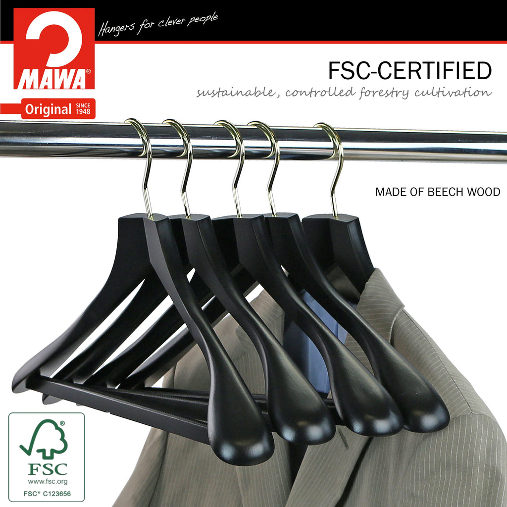Metropolis Series, Bodyform Wide Shoulder Coat Hanger with Pant Bar, Profi 45/SV/HRS, Black, Gold Hook