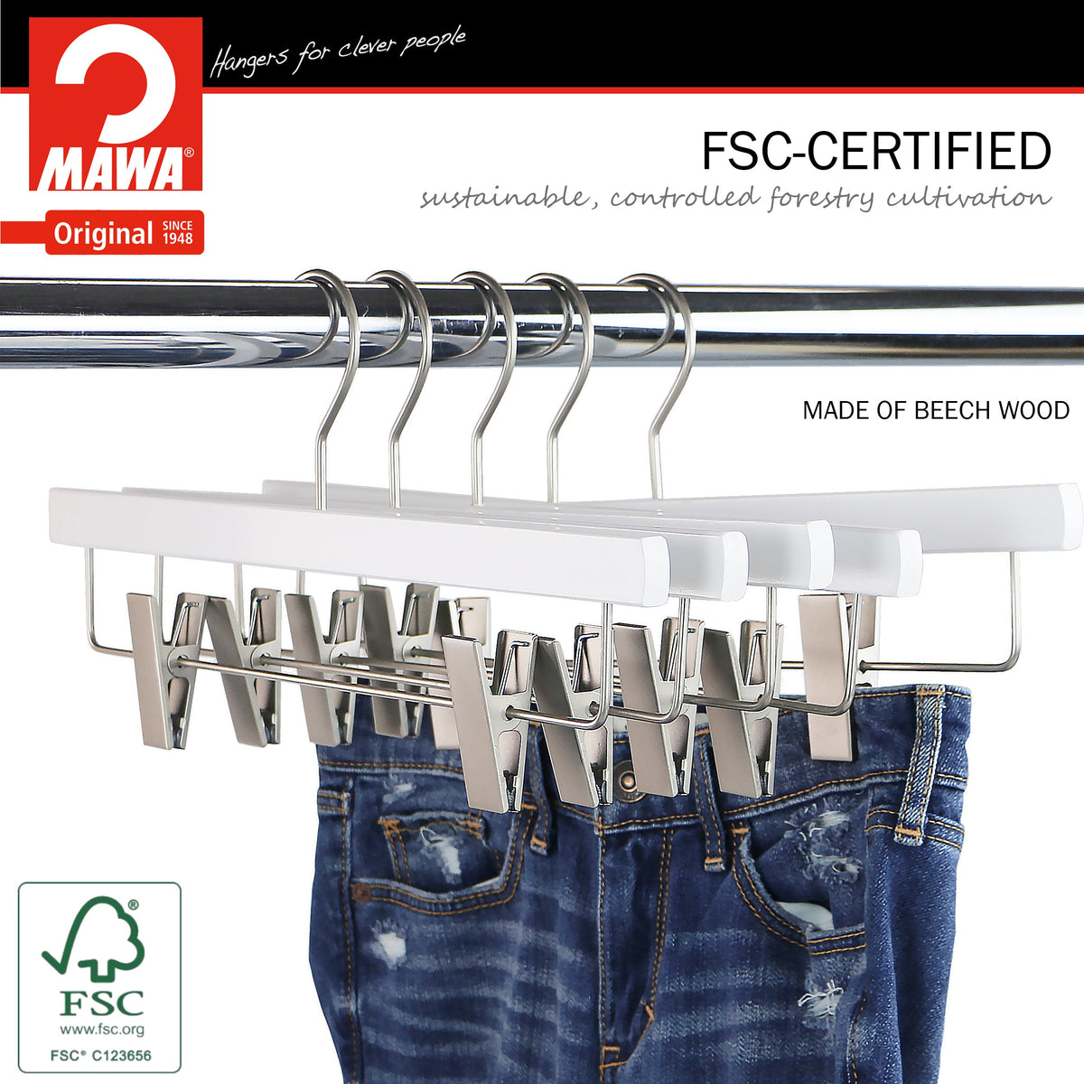 Metropolis Series, Pant & Skirt Hanger with Adjustable Clips, Trend 40D, White, Silver Hook