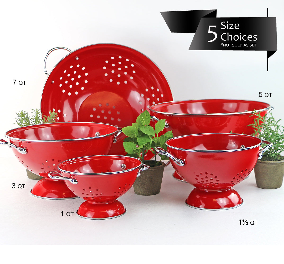 Powder Coated Colanders, Various Sizes, Red