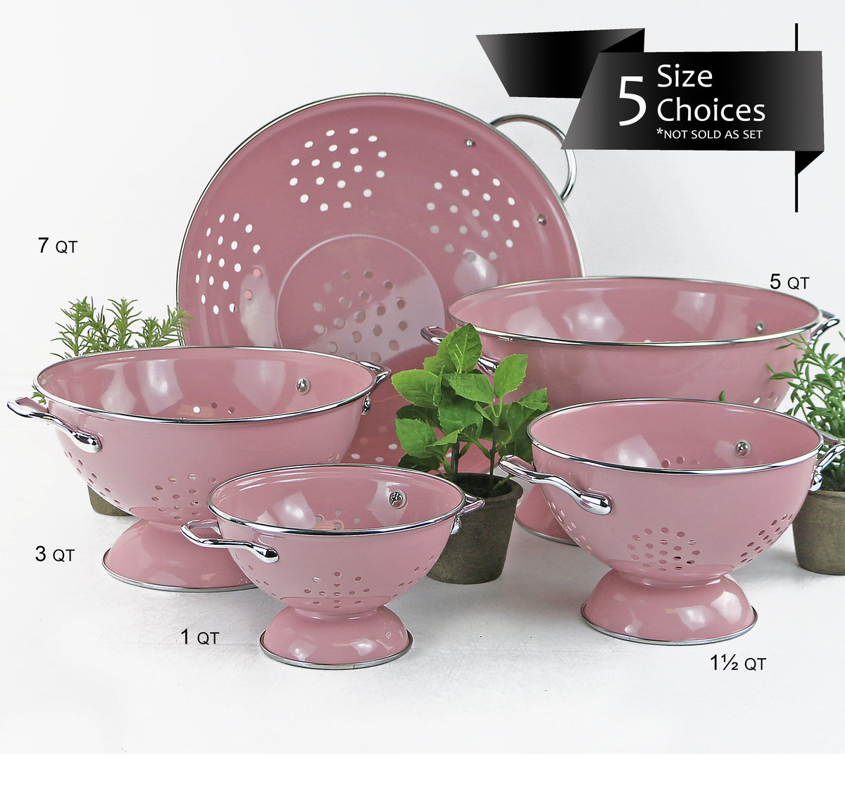 Powder Coated Colanders, Various Sizes, Pink