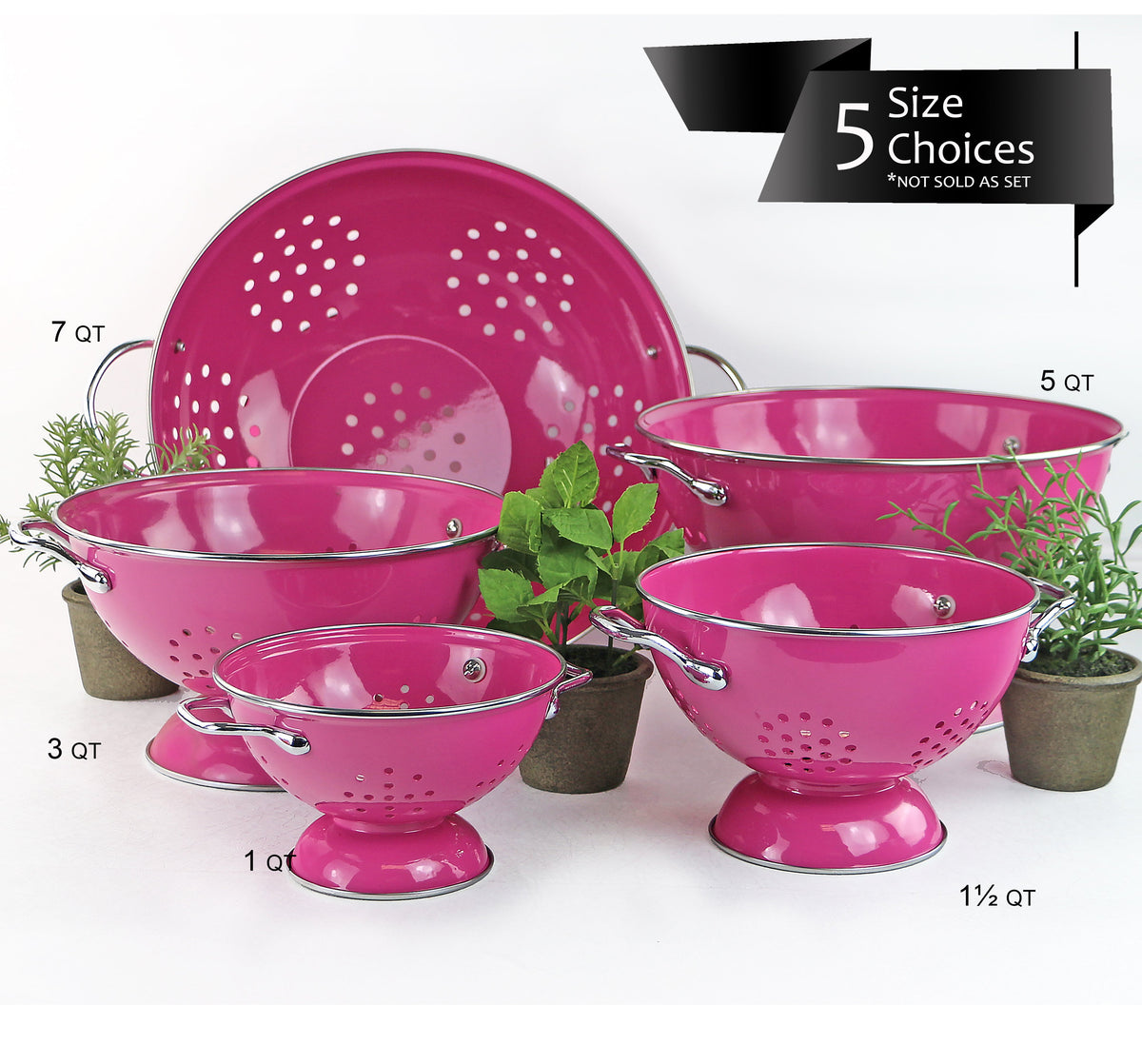 Powder Coated Colanders, Various Sizes, Magenta