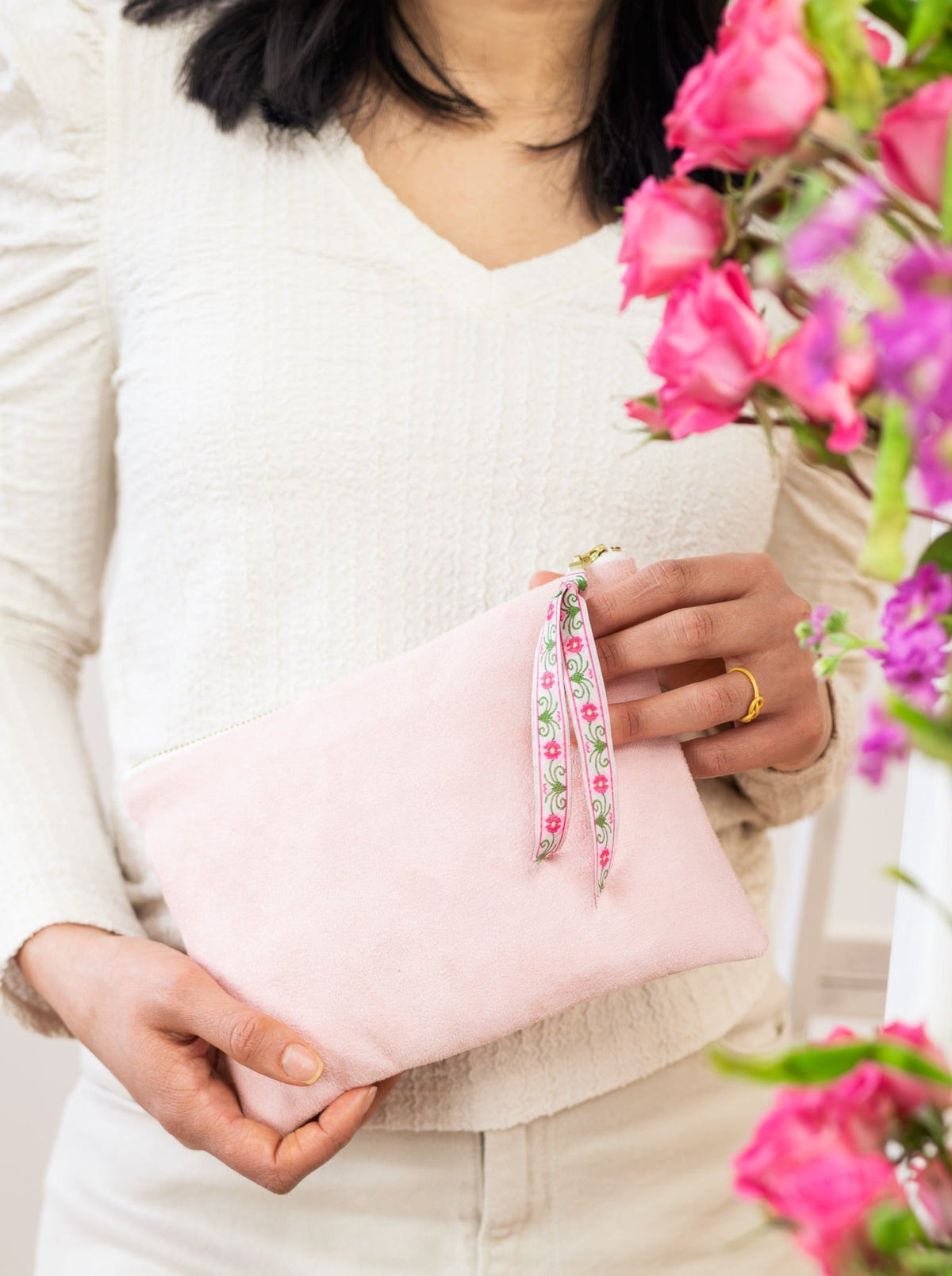 Pink Fleur Vegan Suede Clutch Purse
