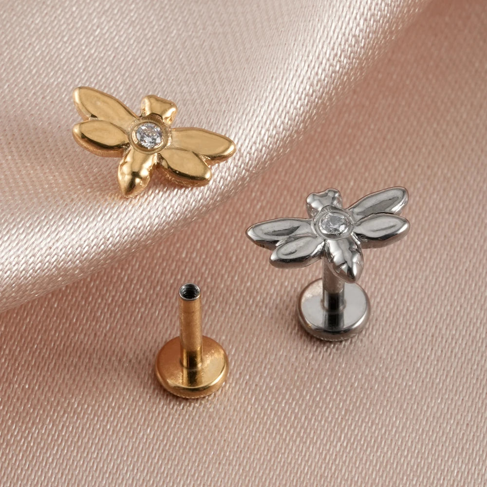 Right Grand ASTM F136 Titanium 16G Internally Threaded CZ Dragonfly Helix Cartilage Tragus Earring Labret Lip Stud Piercing