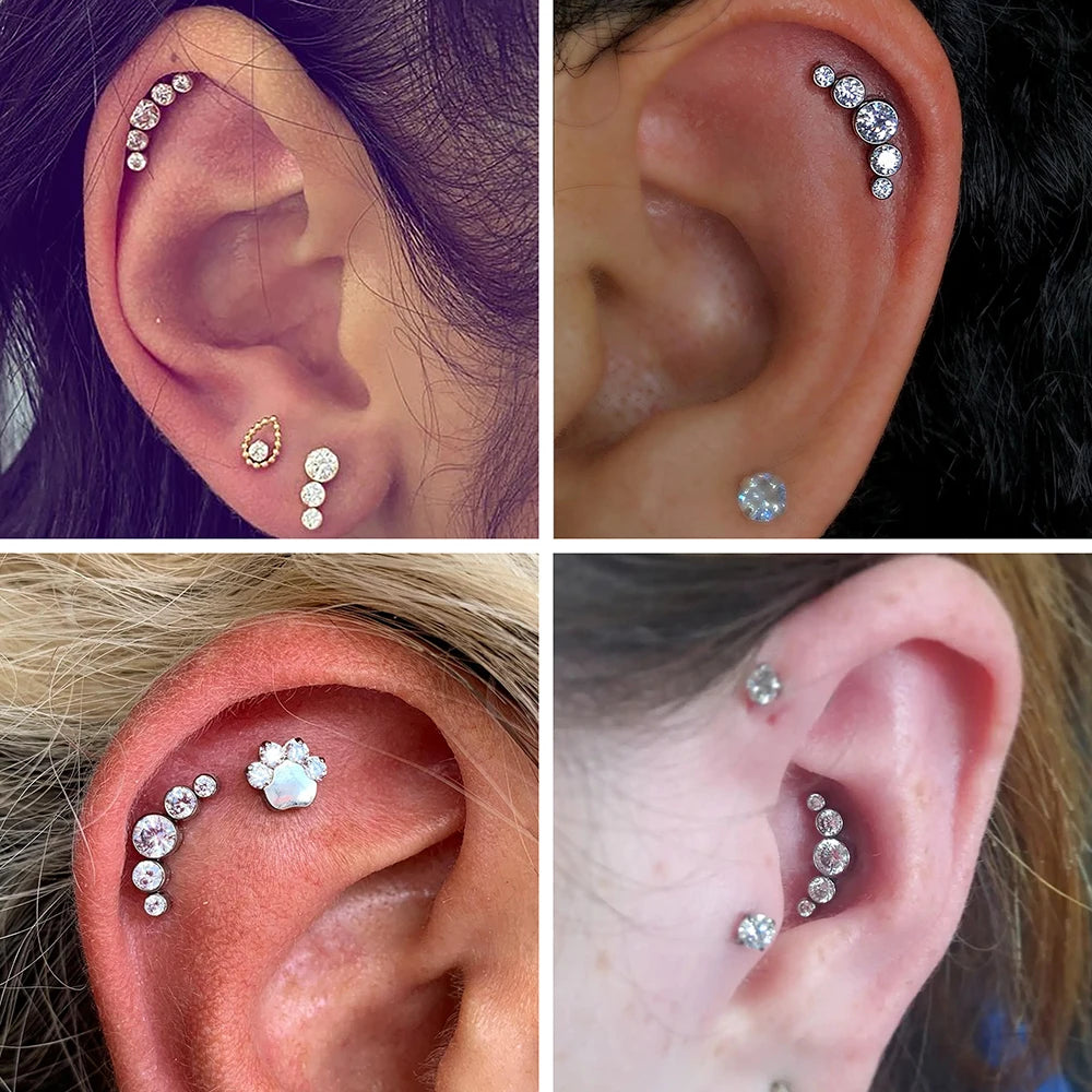 Right Grand ASTM F136 Titanium Internal Thread Bezel Set 5 Cubic Zircon Curved Cluster Labret Lip Piercing