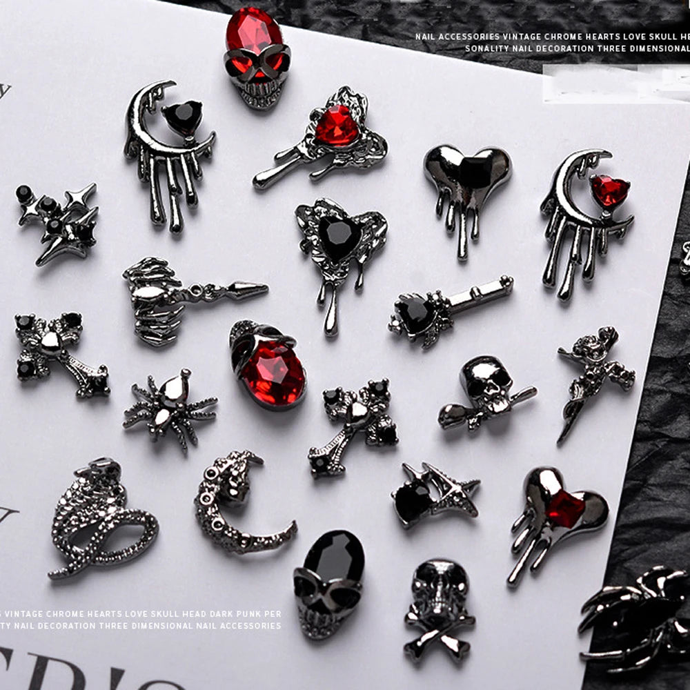 10PCS Gothic Punk Style Alloy 3D Nail Art Charms Heart Skeleton Cross Spider Design For Halloween Nails Decoration Accessories