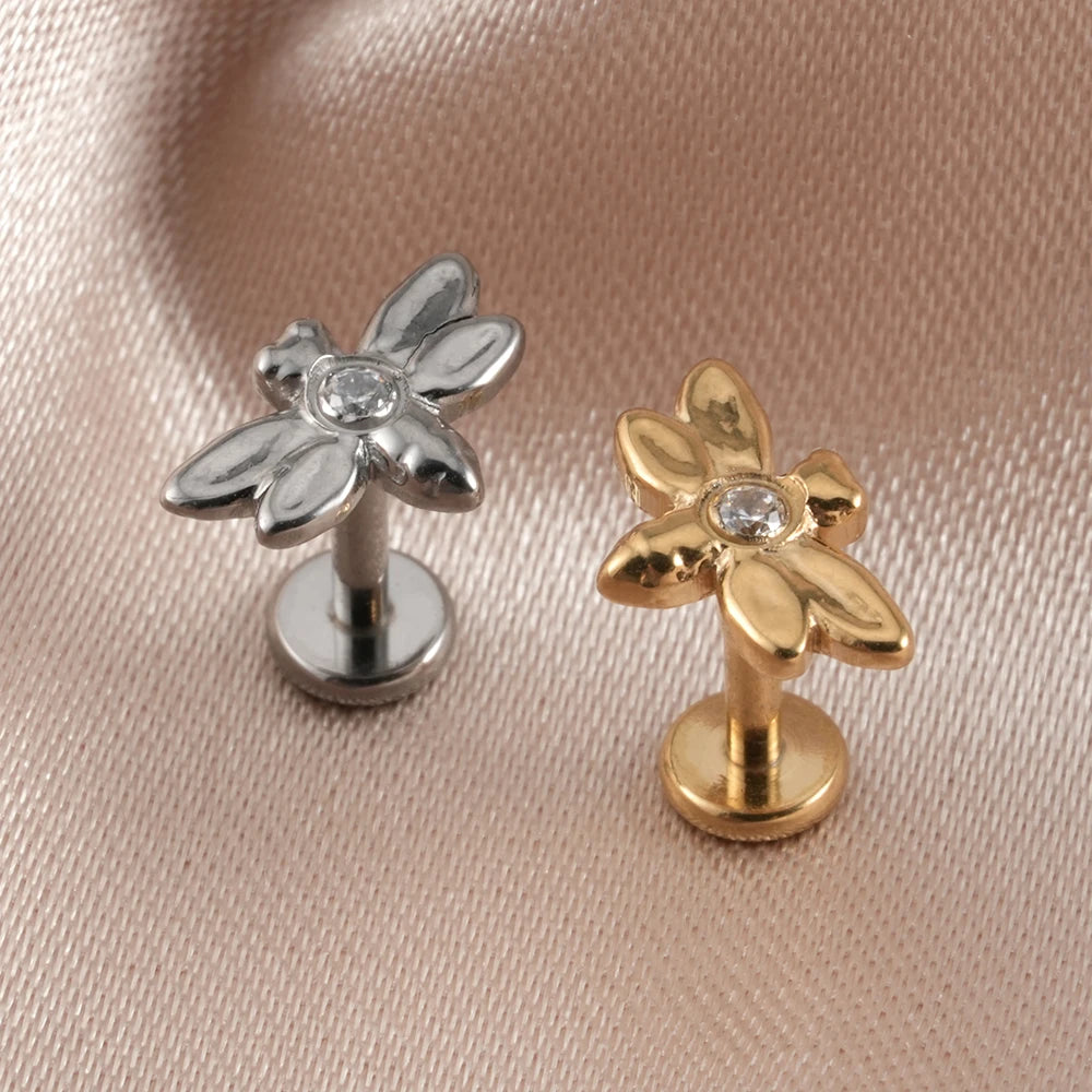 Right Grand ASTM F136 Titanium 16G Internally Threaded CZ Dragonfly Helix Cartilage Tragus Earring Labret Lip Stud Piercing