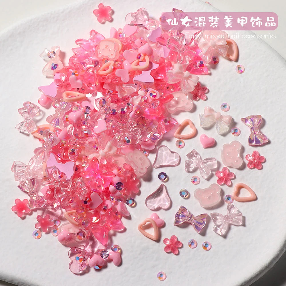 50PCS Mixed Kawaii Resin Nail Art Charms 3D Flower Bow Animals Rhinestones Nail Decorations DIY Manicure Professional Supplies