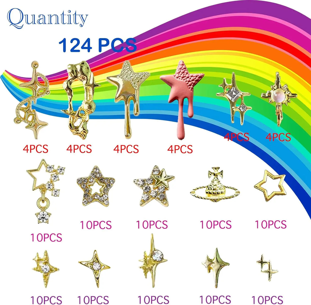 124PCS Star 3D Nail Charms for Acrylic Nails, Gold Alloy Nail Gems Starburst Nail Accessories, Nail Rhinestones for Nail Art