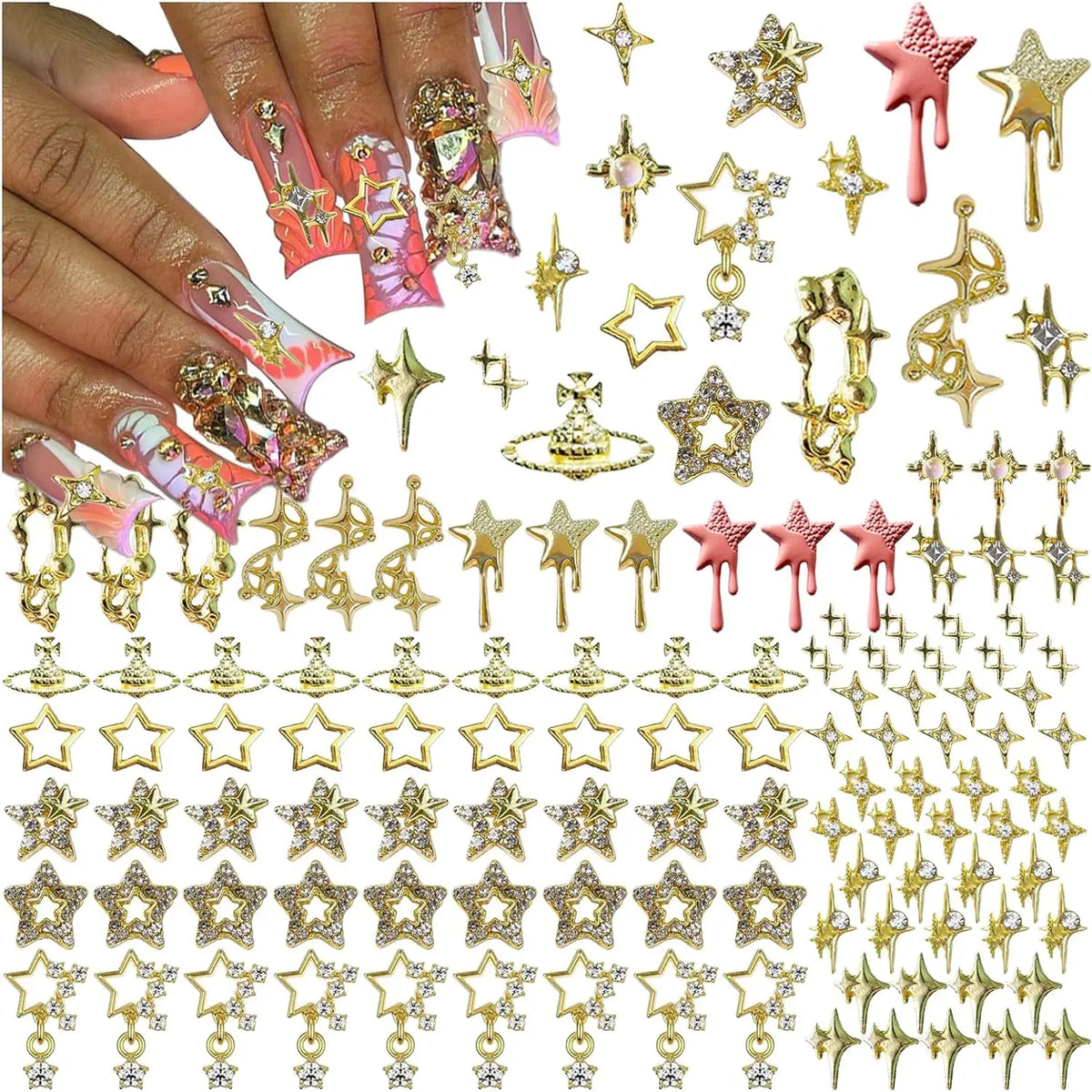 124PCS Star 3D Nail Charms for Acrylic Nails, Gold Alloy Nail Gems Starburst Nail Accessories, Nail Rhinestones for Nail Art