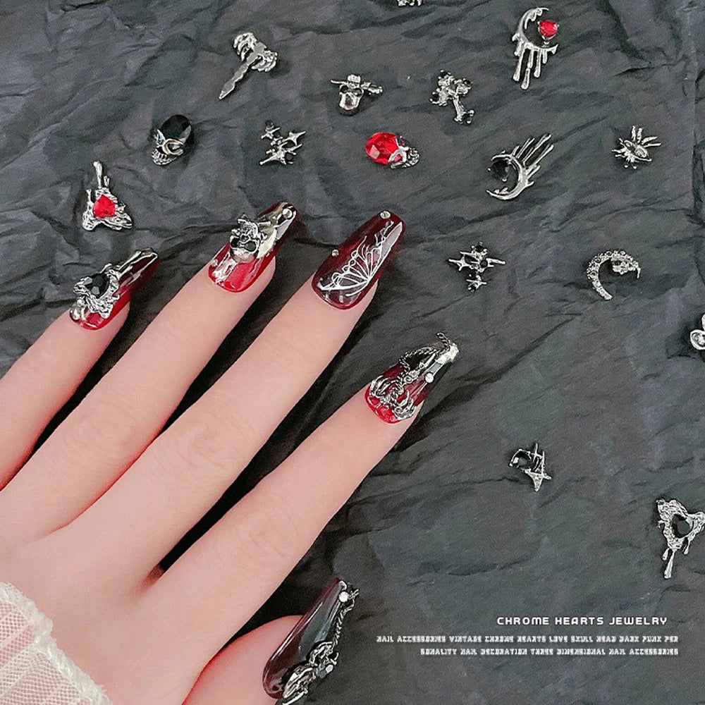 10PCS Gothic Punk Style Alloy 3D Nail Art Charms Heart Skeleton Cross Spider Design For Halloween Nails Decoration Accessories