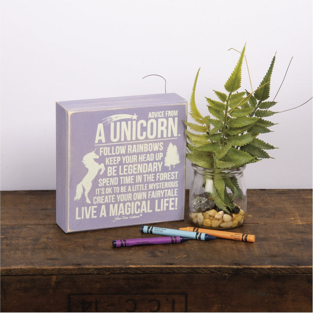 Advice From Unicorn Wooden Box Sign | Purple with White Lettering 6" x 6"