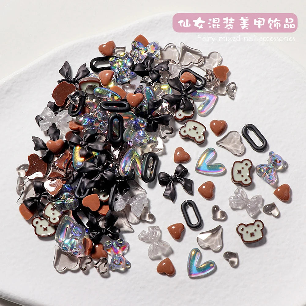 50PCS Mixed Kawaii Resin Nail Art Charms 3D Flower Bow Animals Rhinestones Nail Decorations DIY Manicure Professional Supplies