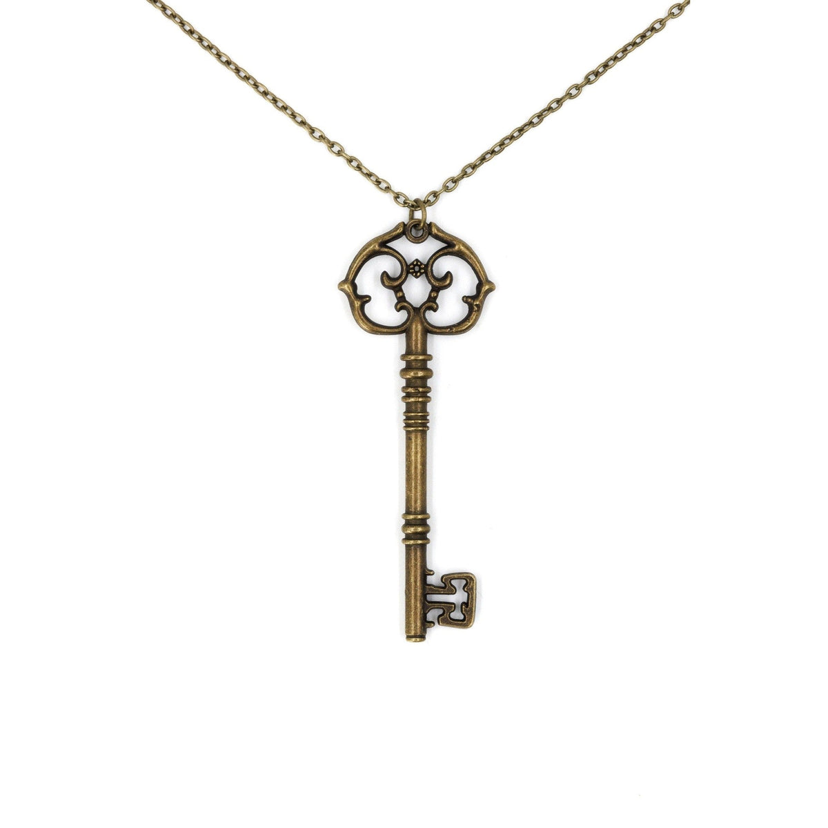 Antique Key Pendant Necklace in Aged Brass Tone or Silver