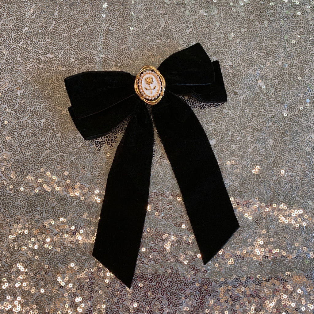 Black Velvet Cameo Hair Clip Bow