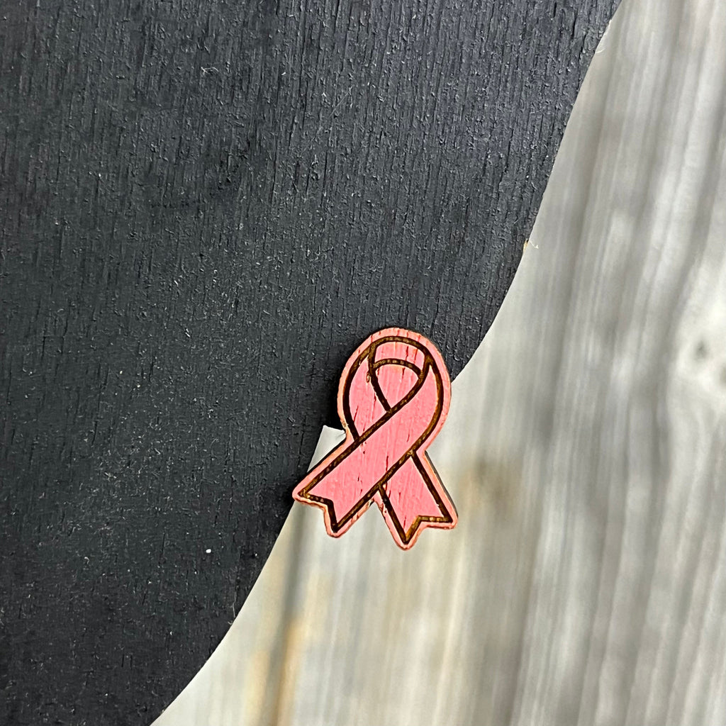 Pink Ribbon Earrings - Breast Cancer Awareness - Wood Stud Earrings