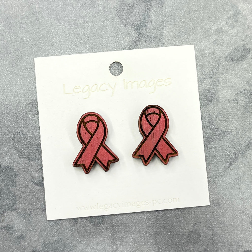 Pink Ribbon Earrings - Breast Cancer Awareness - Wood Stud Earrings