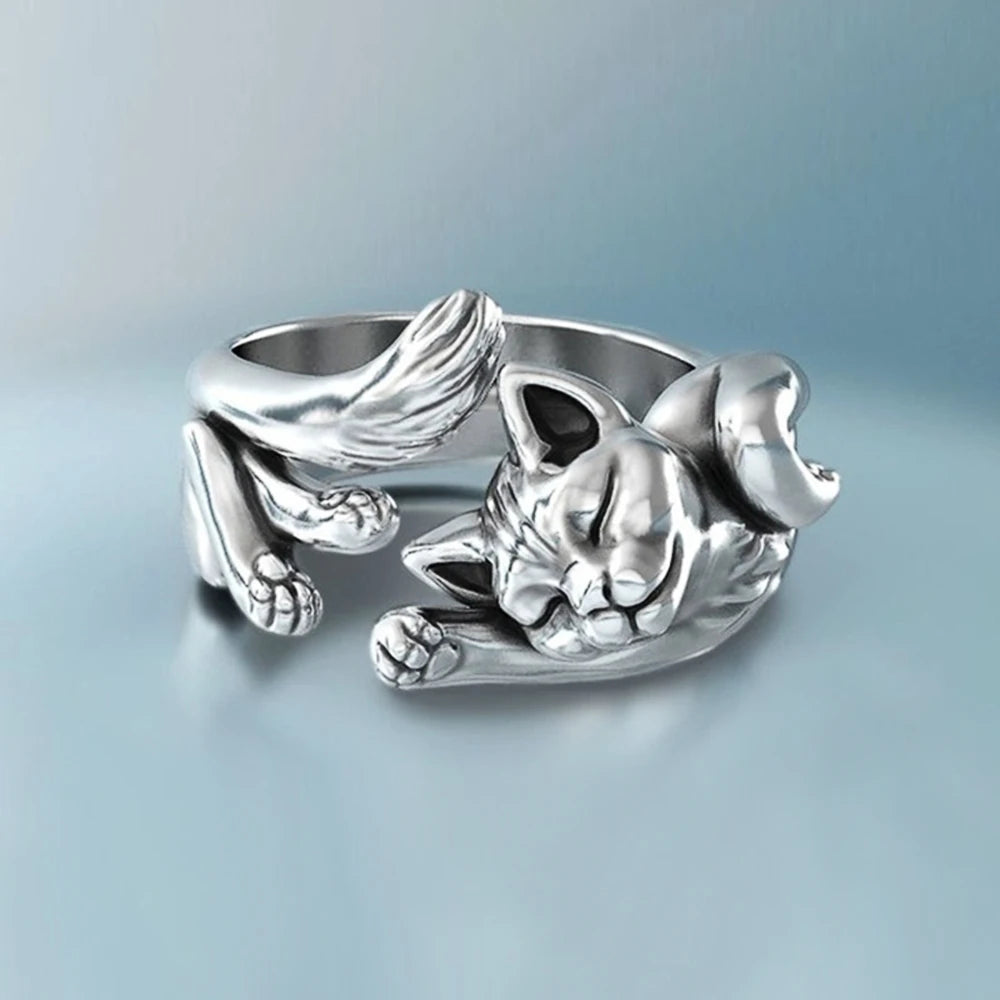 Huitan Cute Fortune Cat Shape Women Opening Rings Silver Color Dance Party Finger Ring Delicate Lady Gift New Fashion Jewelry