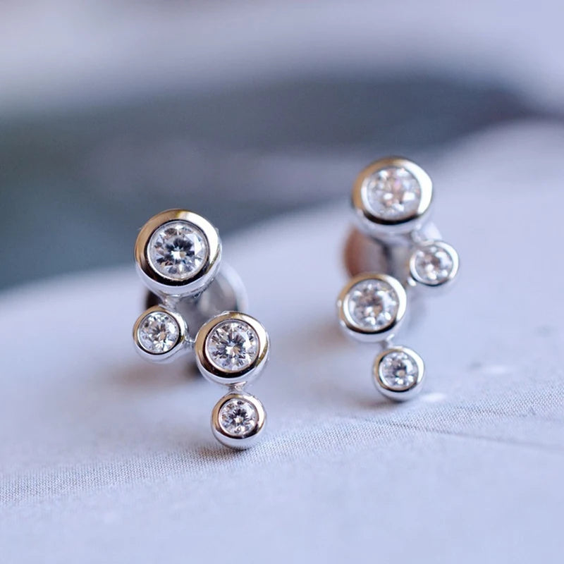 Huitan Minimalist Silver Color Stud Earrings for Women Round Cubic Zirconia Low-key Lady Ear Earrings Nice Gift Fashion Jewelry