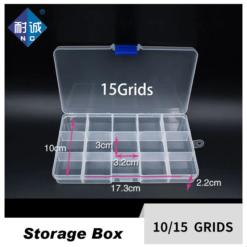 10/15 Grids Plastic Box Adjustable Jewelry Box Beads Pills Nail Art Storage Box Organizer for Office Housekeeping Organization