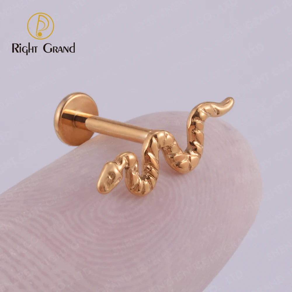 Right Grand ASTM F136 Titanium Implant Grade 16G Internal Thread Snake Labret Tragus Lip Rings Studs Helix Earring Piercings