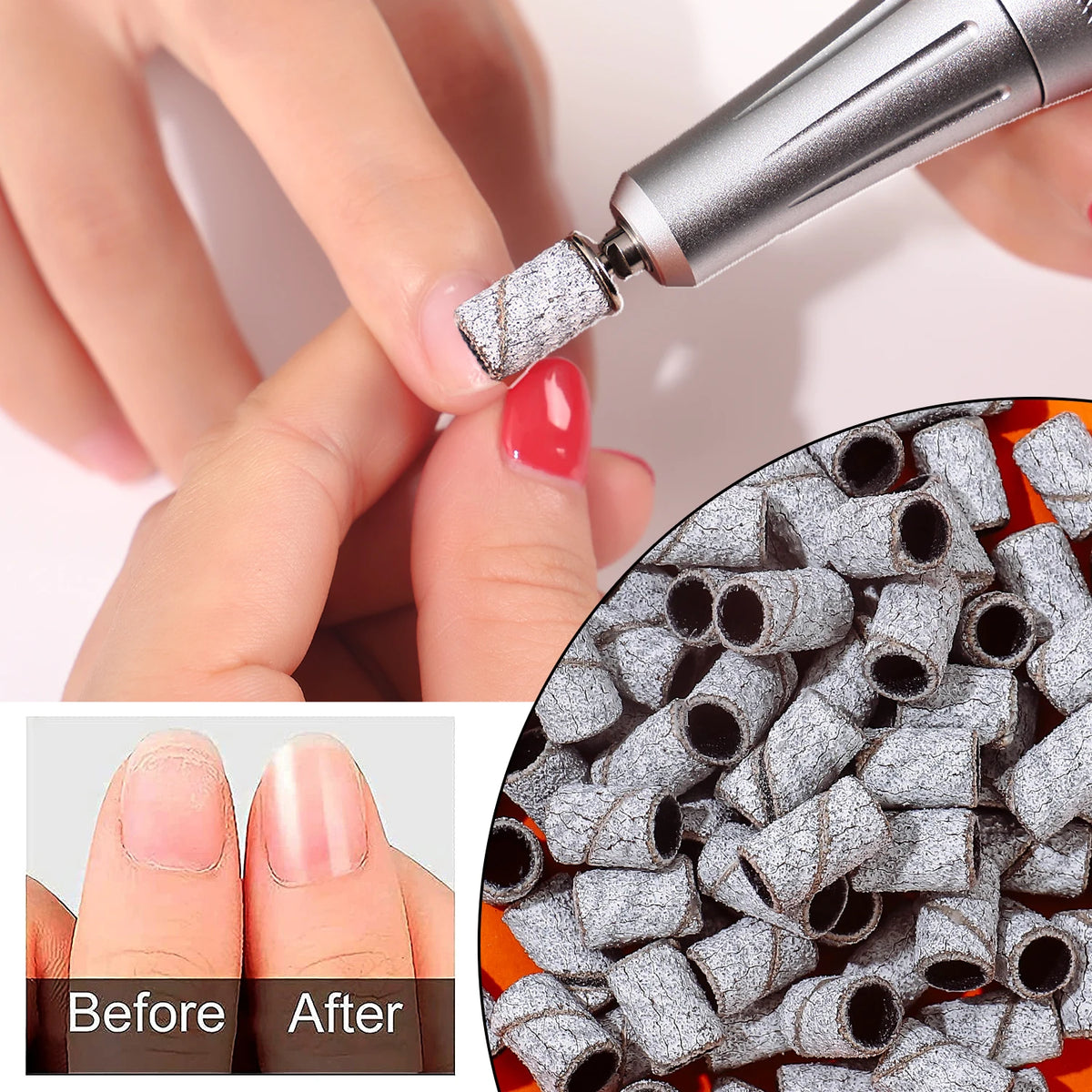 BNG 100pcs Sanding Cap Bands For Electric Manicure Machine 240/180/120/80 Grit Nail Drill Grinding Bit Files Pedicure Tool Set