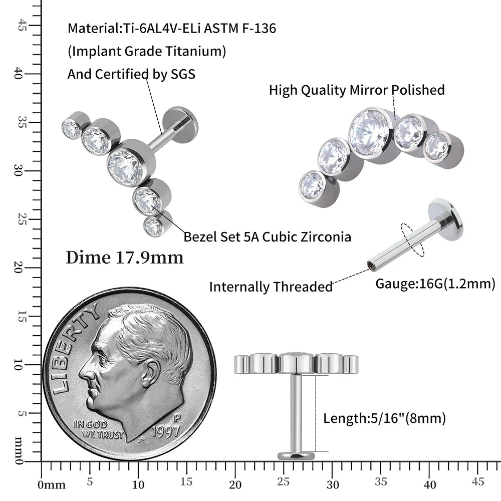 Right Grand ASTM F136 Titanium Internal Thread Bezel Set 5 Cubic Zircon Curved Cluster Labret Lip Piercing