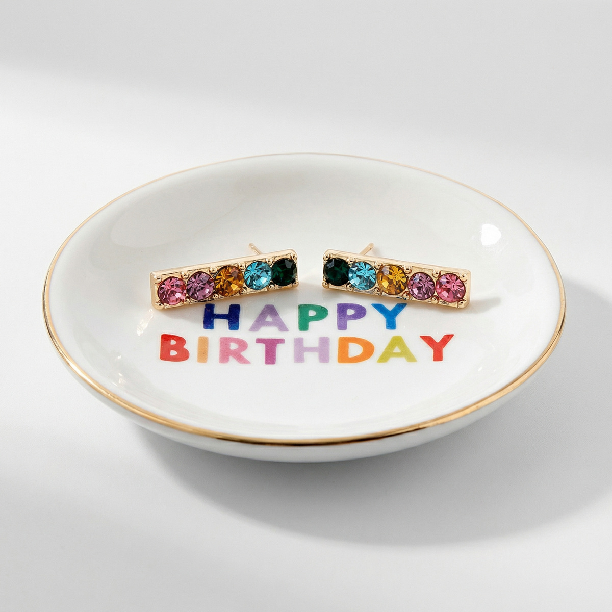 Happy Birthday Trinket Tray & Earring Set | Ceramic Dish Tray and Jewelry Gem Stones Earring Gift Set | Gift for Her
