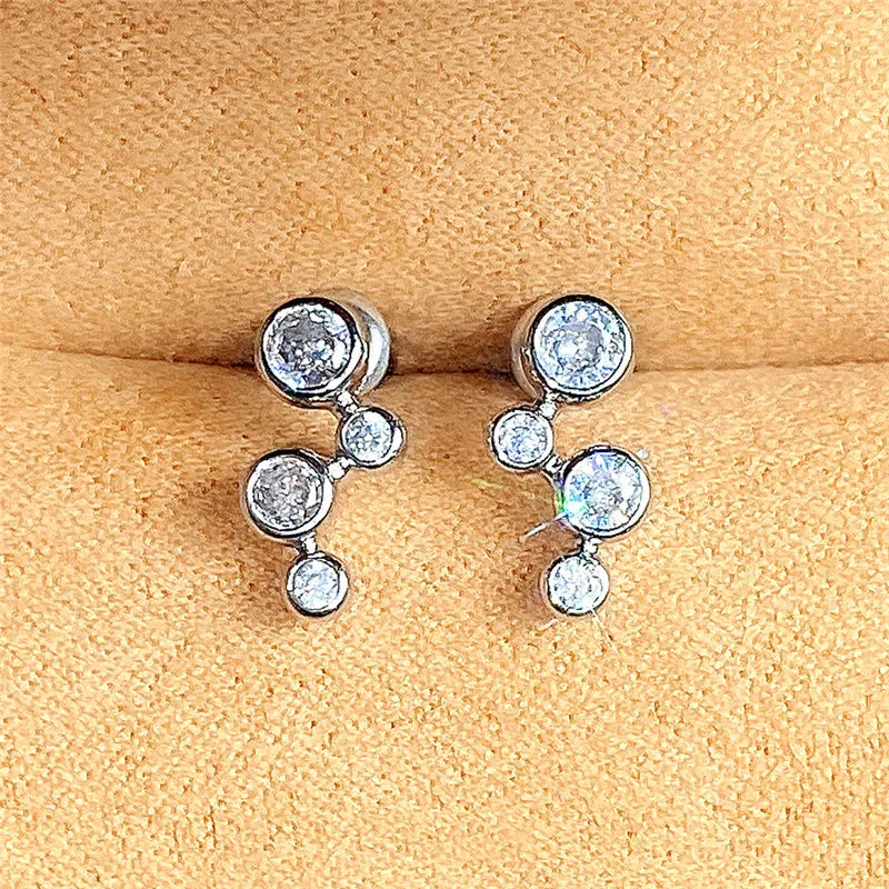 Huitan Minimalist Silver Color Stud Earrings for Women Round Cubic Zirconia Low-key Lady Ear Earrings Nice Gift Fashion Jewelry