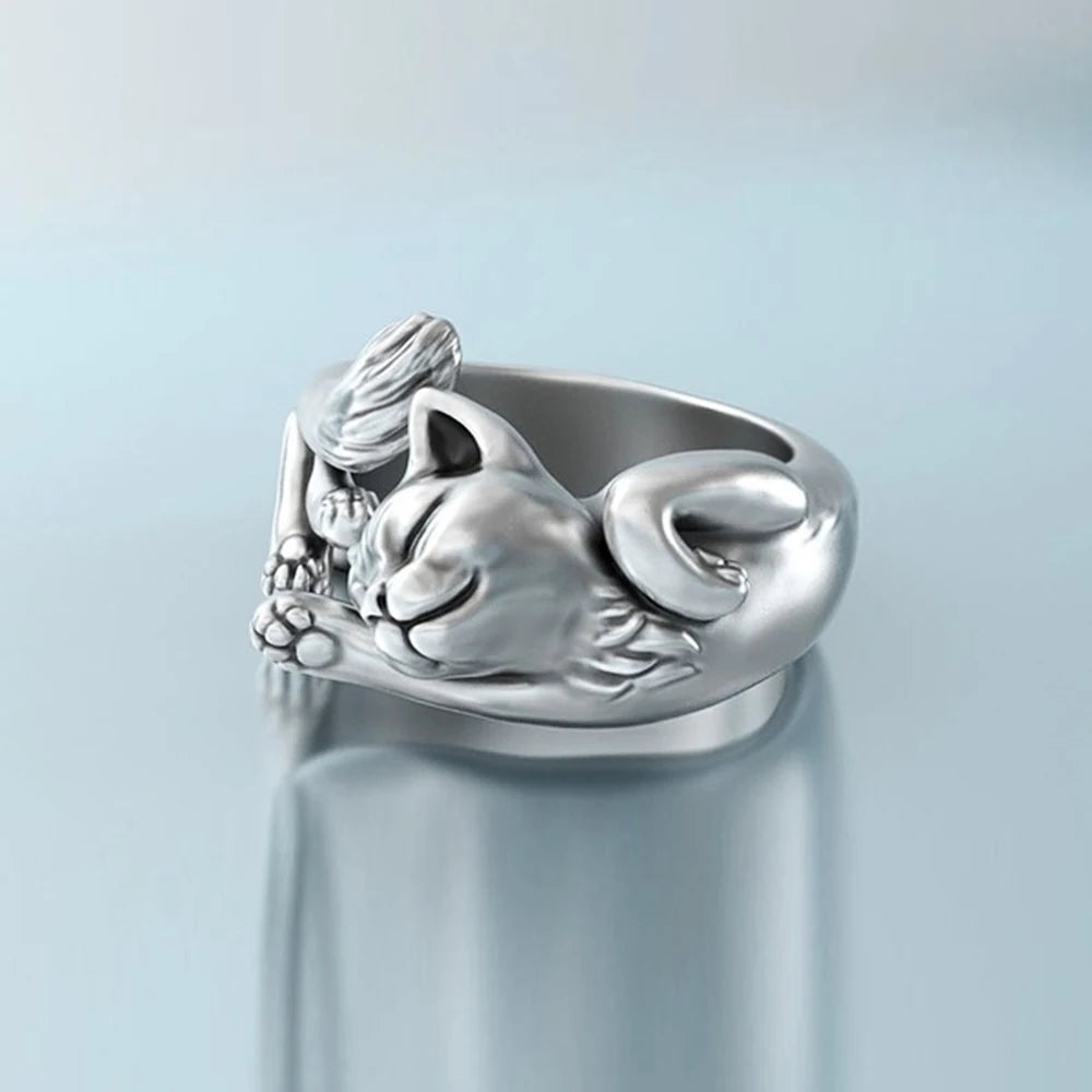 Huitan Cute Fortune Cat Shape Women Opening Rings Silver Color Dance Party Finger Ring Delicate Lady Gift New Fashion Jewelry