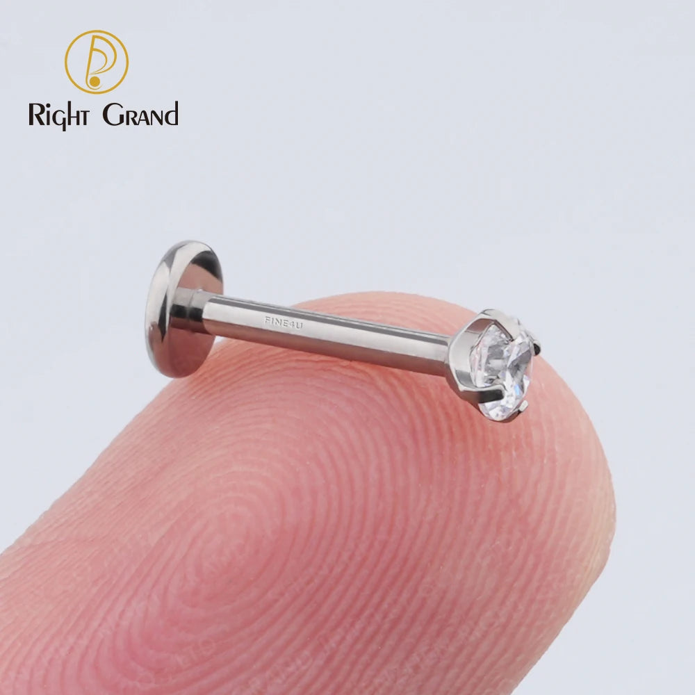 Right Grand ASTM F136 Titanium CZ Gem Internally Threaded Labret Monroe Lip Ring Tragus Nail Helix Earring Stud 16G 6/8/10mm Bar
