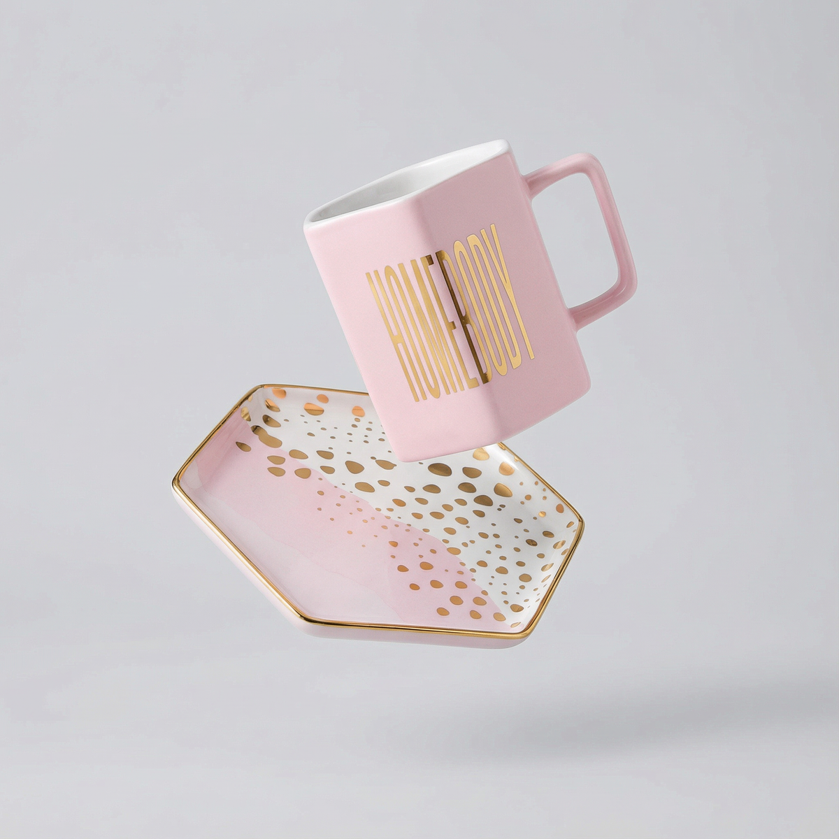 Homebody Hexagon Mug and Saucer Set in Pink with Gold Dot Pattern