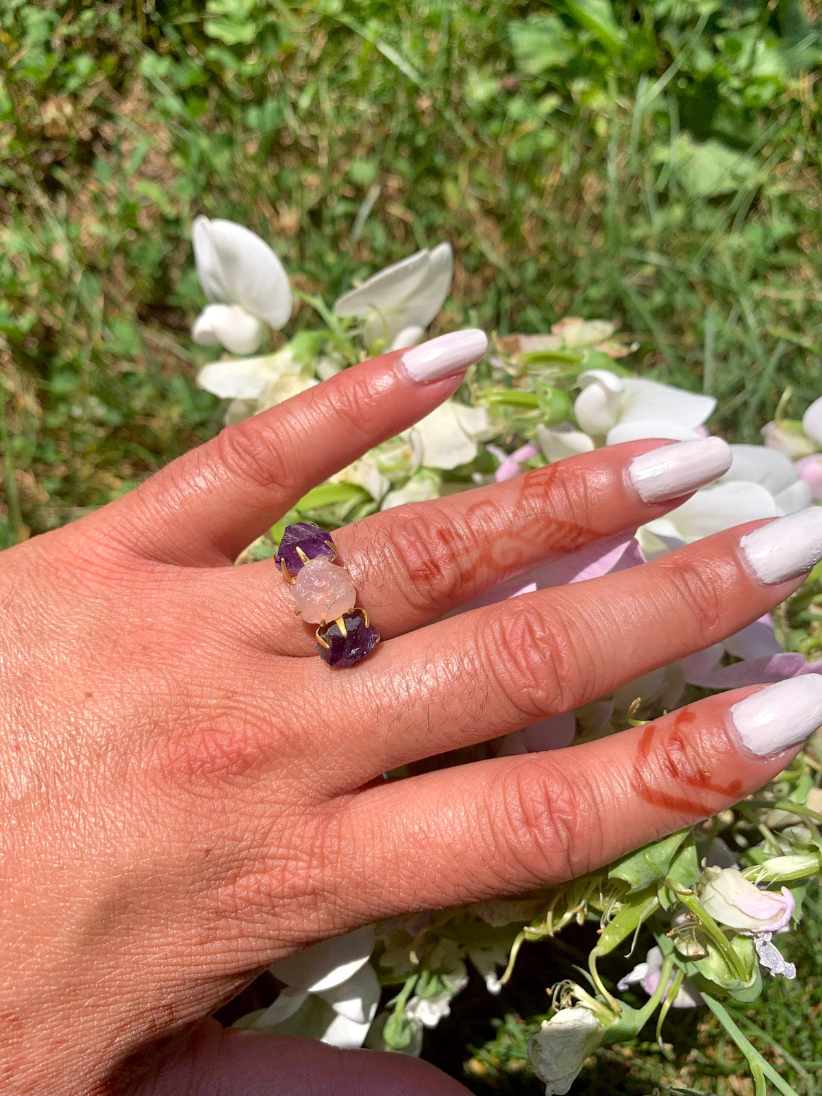Amethyst/Rose Quartz Cluster Ring - Rose Gold