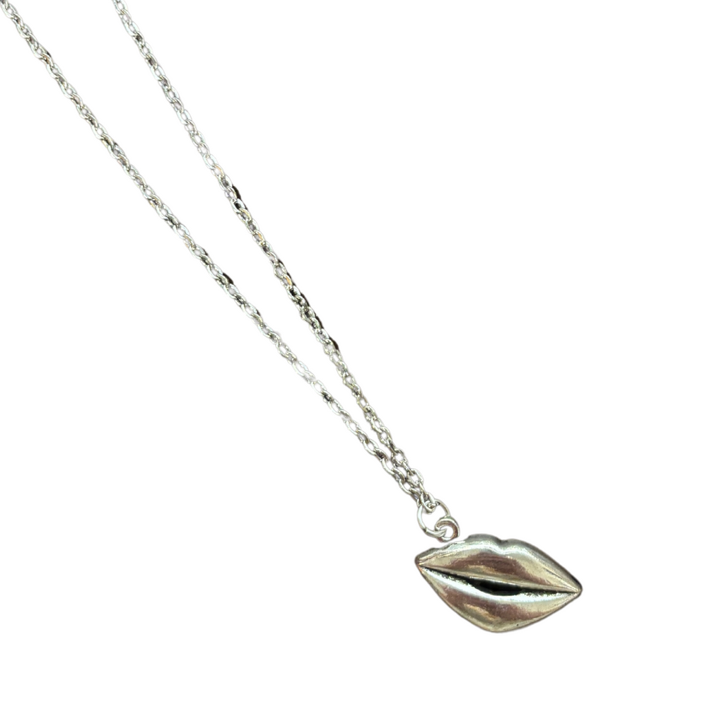 Lips Pendant Necklace in Silver | Kiss Print Charm on Chain