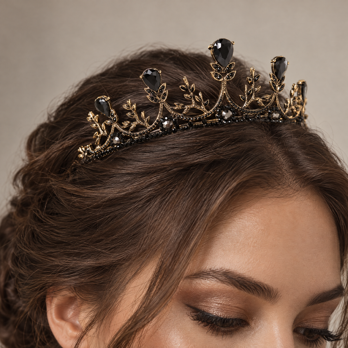 Midnight Blossom Tiara Crown in Gold with Black Gems | Dark Princess Gothic Crown Party or Bridal Hair Accessory