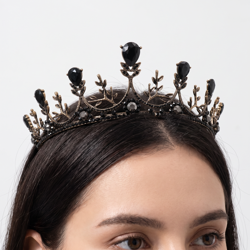 Midnight Blossom Tiara Crown in Gold with Black Gems | Dark Princess Gothic Crown Party or Bridal Hair Accessory