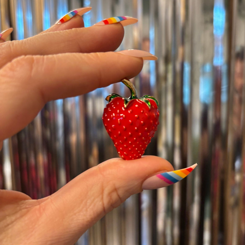 Red Strawberry Brooch | 1.4" Pin in Metal Alloy with Gold Finish