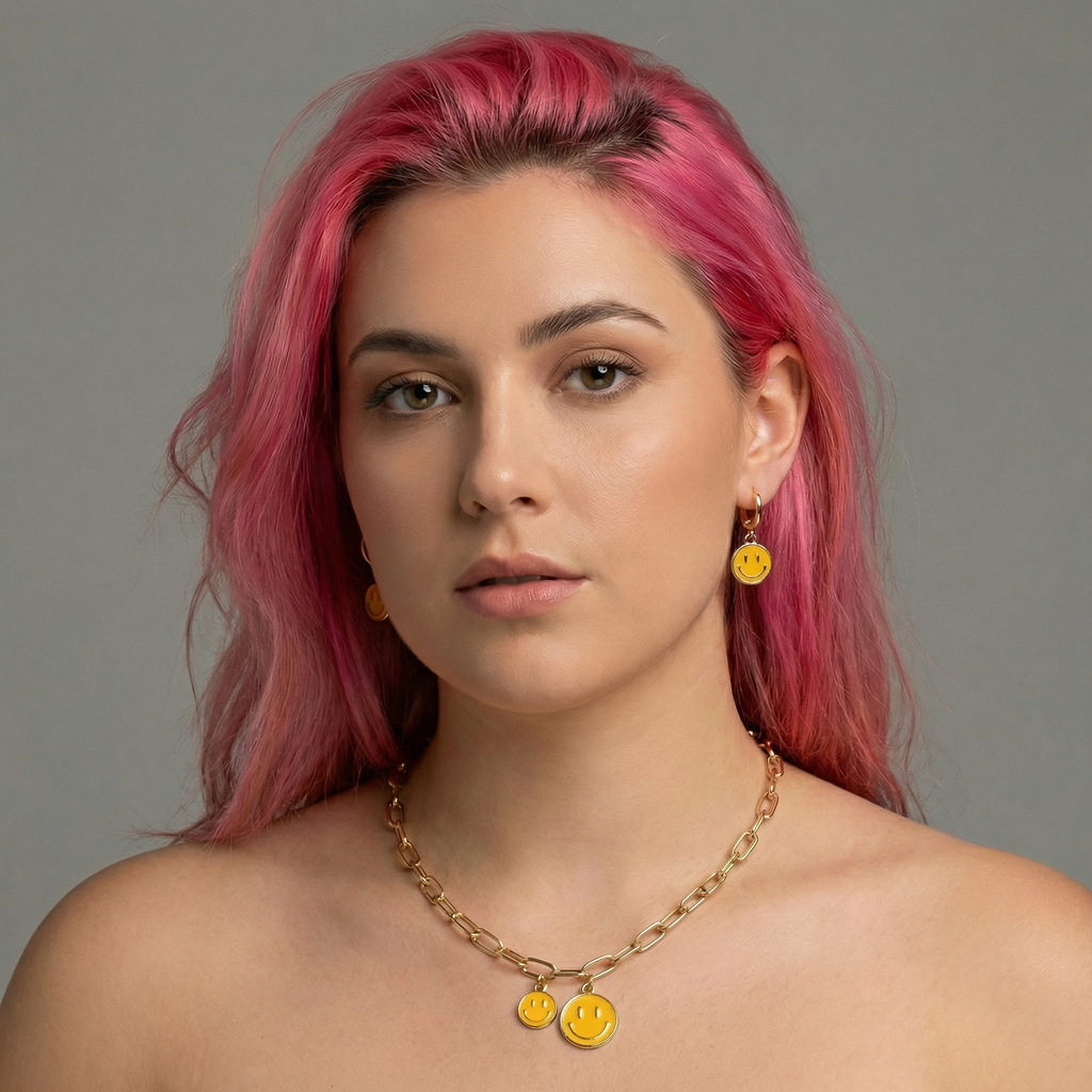 Retro '80s-'90s Dual Happy Face Charm Necklace | 4 Color Options | Yellow, Black, White, Pink
