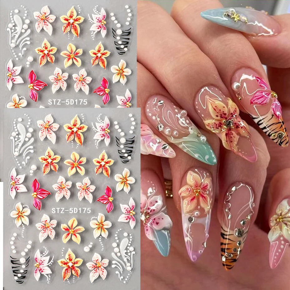 1/2pcs 5D Embossed Flowers Nail Art Stickers Lily Hibiscus with French Leopard Print Design of Spring & Summer Nail Decoration